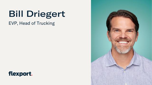 Title card with headshot of Bill Driegert, EVP Head of Trucking, and Flexport wordmark
