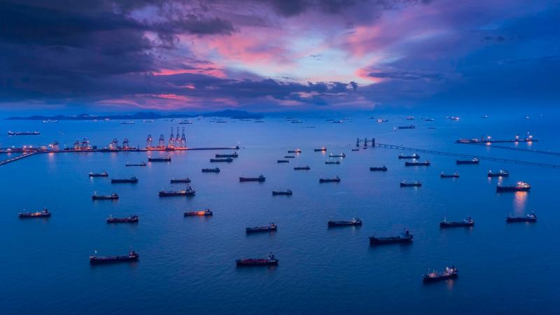 Aerial twilight view of dozens of cargo ships and tankers anchored off a port under a purple sky