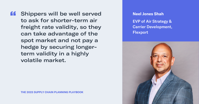 Quote card from Neel Jones Shah, EVP of Air Strategy and Carrier Development, Flexport, on air freight rates