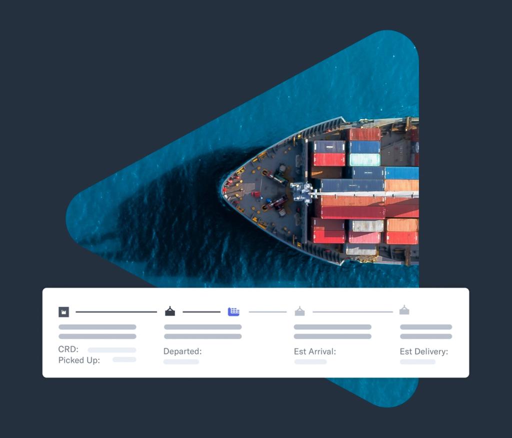 Flexport platform shipment tracker showing an aerial container ship above a timeline of milestones from pickup to delivery