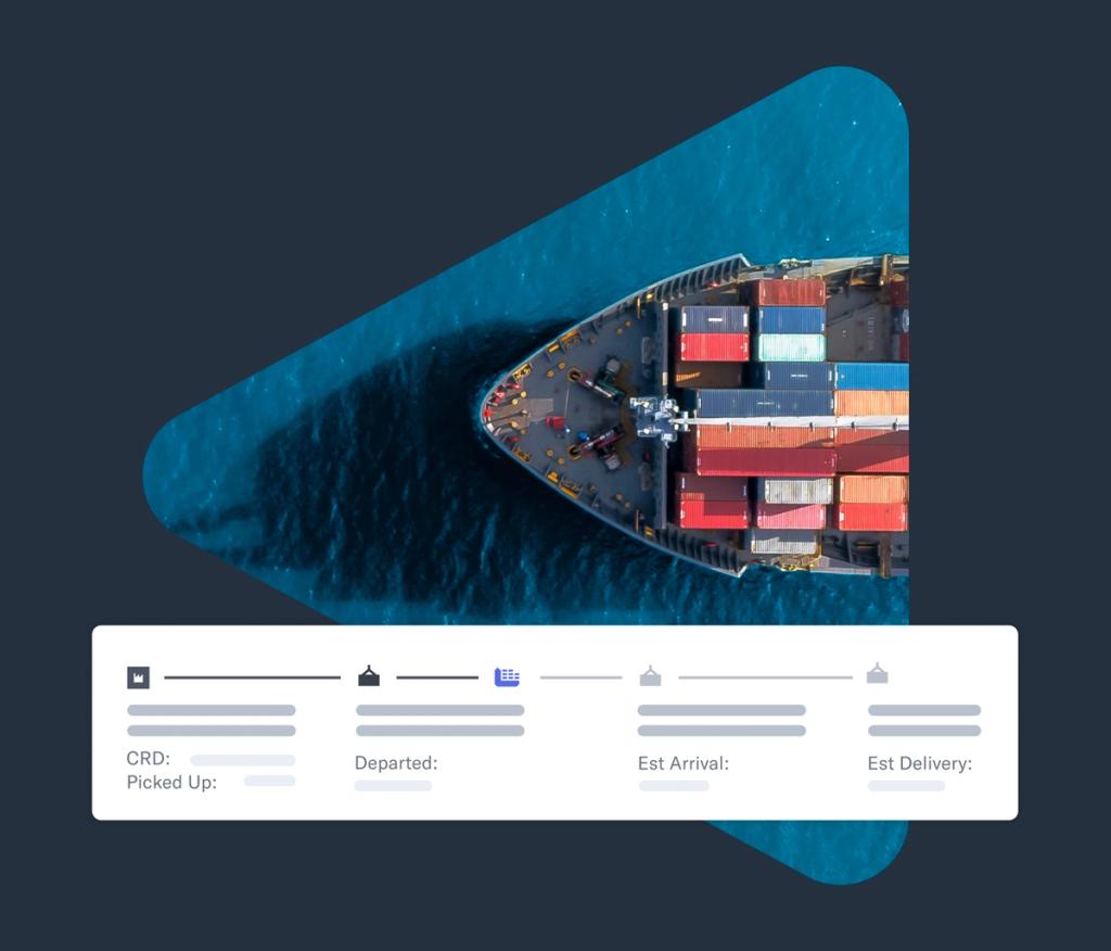 Flexport platform shipment tracker showing an aerial container ship above a timeline of milestones from pickup to delivery