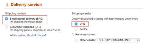 Amazon Delivery service step with Small parcel delivery (SPD) method and UPS carrier highlighted in red boxes.