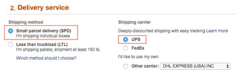 Amazon Delivery service step with Small parcel delivery (SPD) method and UPS carrier highlighted in red boxes.