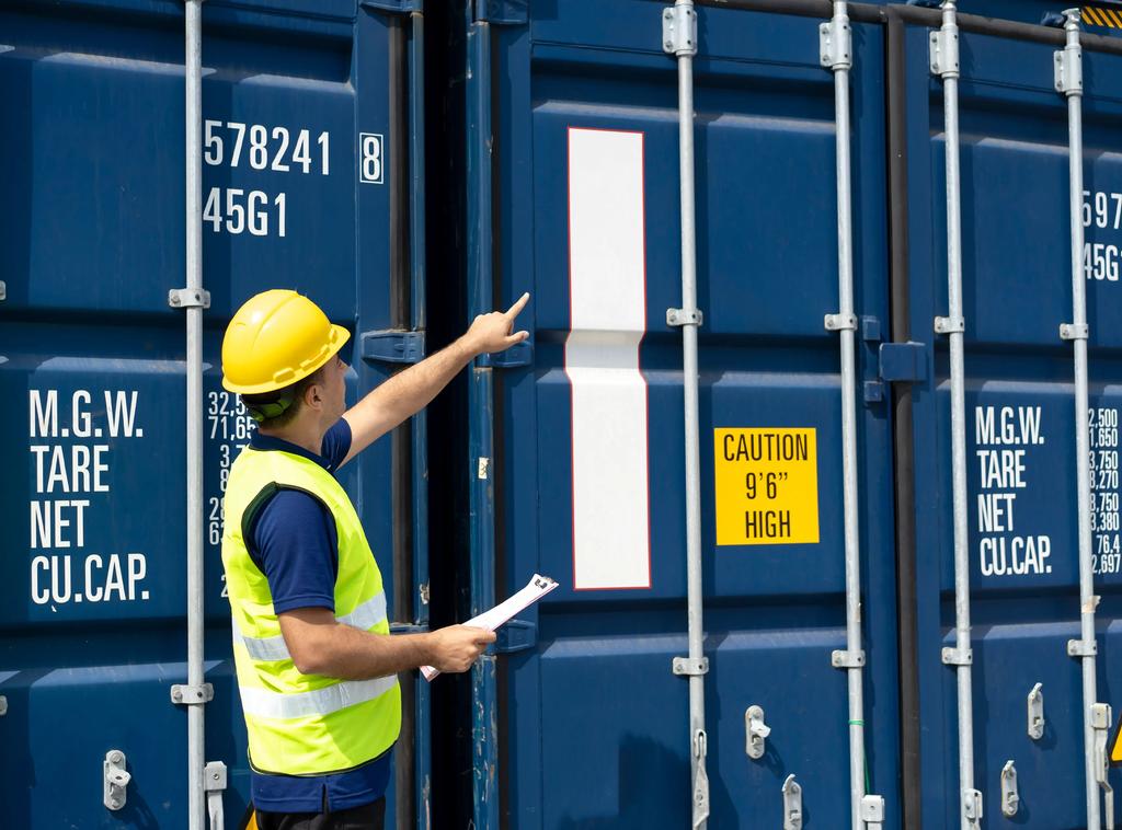 Photo of a worker in a hard hat and high-visibility vest holding a clipboard and pointing up at the markings on a blue shipping container.
