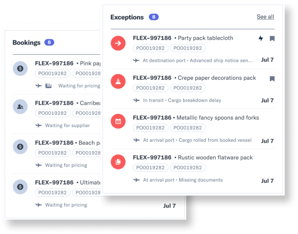 Exceptions and bookings panels flagging shipments that need attention with status and dates
