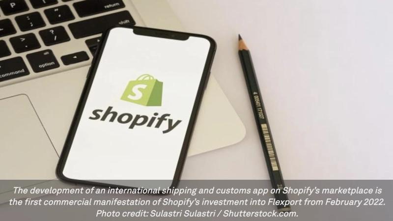 Smartphone showing the Shopify logo beside a pencil on a laptop keyboard; caption notes Shopify's 2022 investment in Flexport