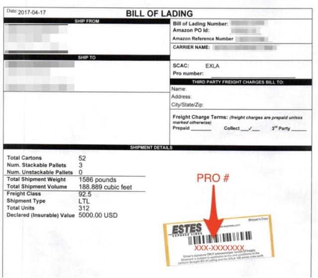 Amazon LTL Bill of Lading with shipment details and an Estes carrier label, with a red arrow pointing to the PRO number to track the shipment