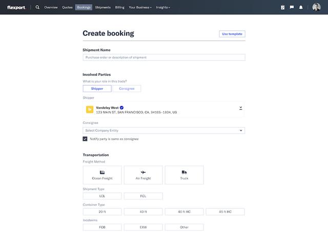 Flexport 'Create booking' screen with shipment name, involved parties and freight method options