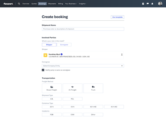 Flexport 'Create booking' screen with shipment name, involved parties and freight method options