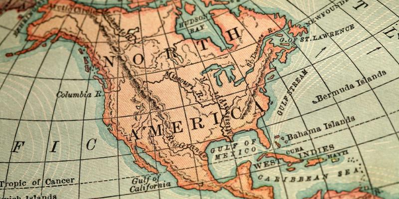 Vintage map close-up of North America showing the U.S., Canada, Mexico and the Caribbean