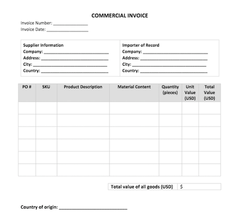 Blank commercial invoice form with fields for invoice number, supplier and importer of record info, and a line-item table for SKU, product, quantity, and value.