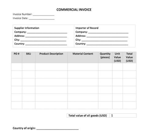Blank commercial invoice form with fields for invoice number, supplier and importer of record info, and a line-item table for SKU, product, quantity, and value.