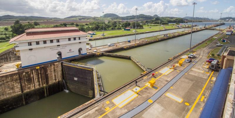 Aerial view of the Miraflores Locks on the Panama Canal with control building and lock gates