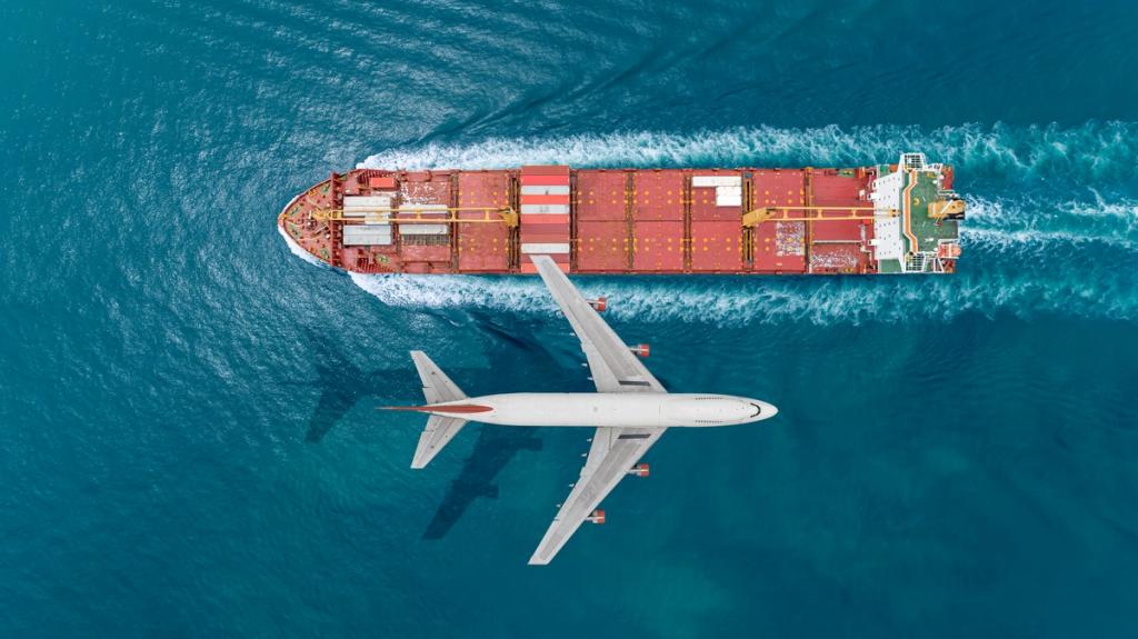 Overhead view of a container ship crossing open ocean with an airliner passing above it