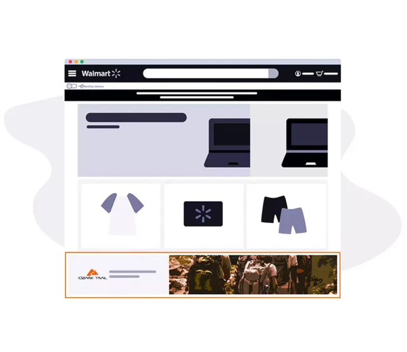 Illustrated Walmart storefront browser window with product tiles and a sponsored brand banner