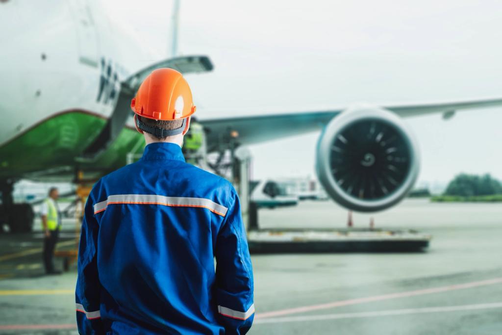 Worker in blue coveralls and orange hard hat viewed from behind watching a cargo plane being loaded on the tarmac