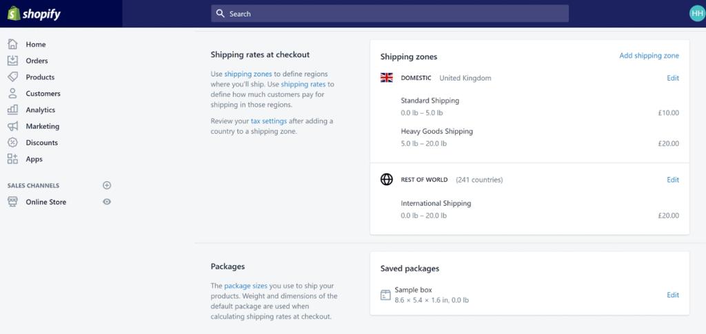 Shopify admin screen showing shipping zones and rates for domestic UK and rest-of-world, plus saved packages