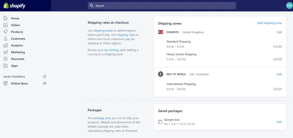 Shopify admin screen showing shipping zones and rates for domestic UK and rest-of-world, plus saved packages