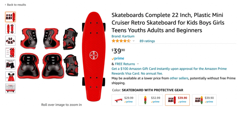 Amazon listing for a Kartium 22-inch plastic mini cruiser skateboard with protective gear set, $39.90