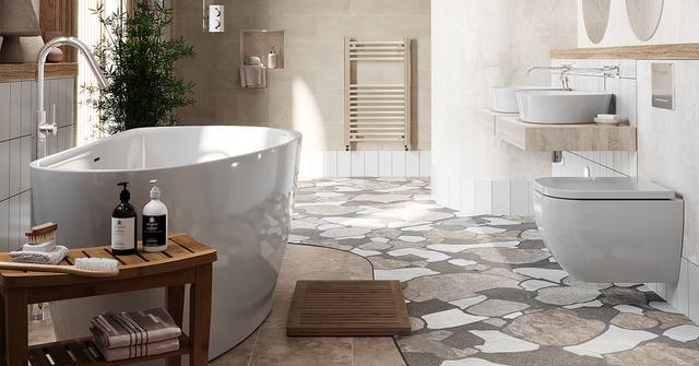 Modern bathroom with a freestanding white tub, stone-patterned tile floor, and dual vessel sinks