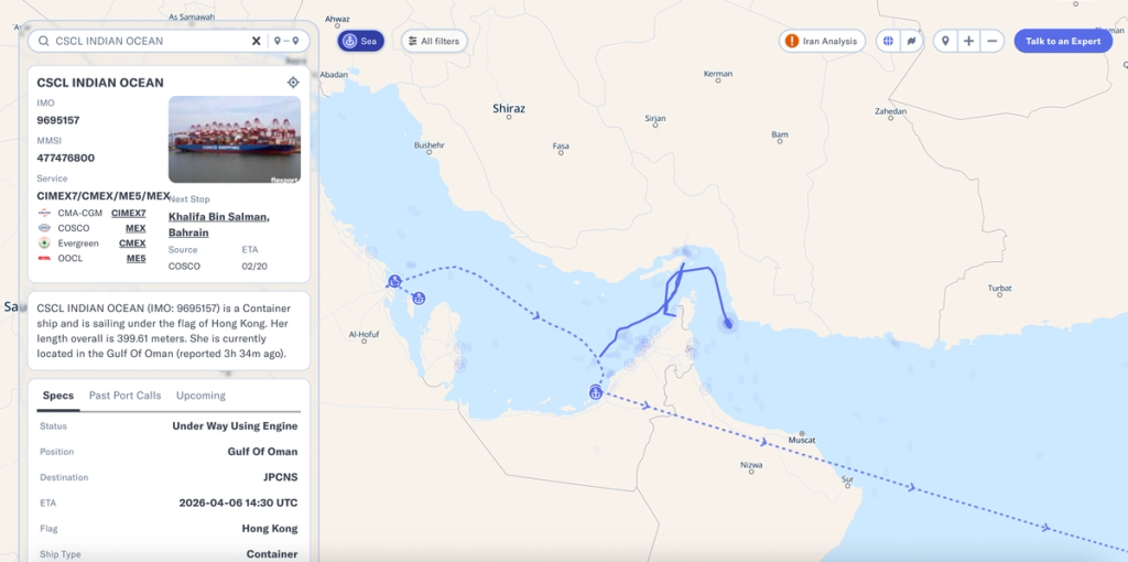 Vessel tracking map of CSCL Indian Ocean container ship routed through the Gulf of Oman and Red Sea
