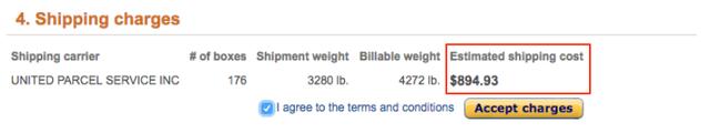 Amazon shipping charges step showing UPS carrier, box count, weights and a highlighted estimated shipping cost of $894.93