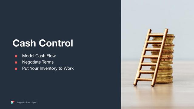 Slide titled 'Cash Control' with bullets beside a ladder leaning on a stack of gold coins