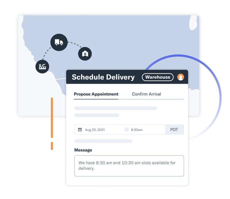 Flexport Platform schedule-delivery panel proposing warehouse appointment times on a route map