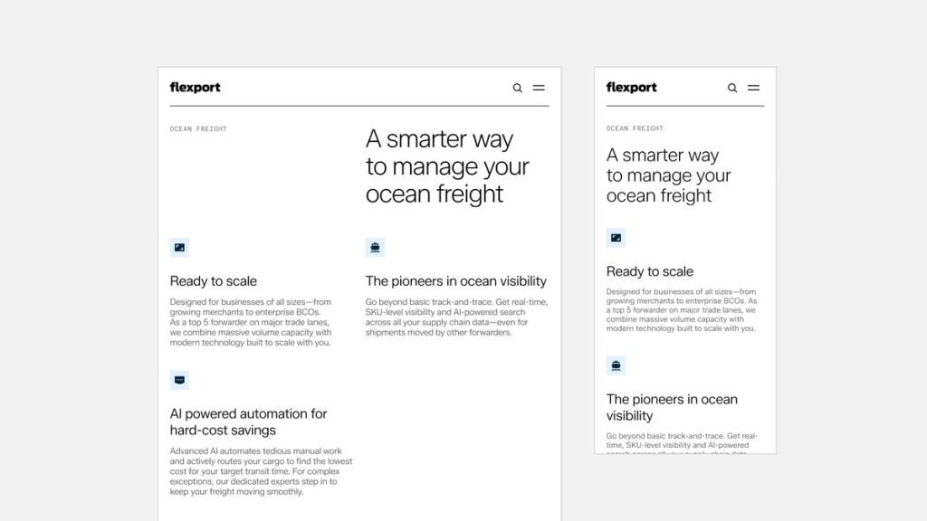 Flexport ocean freight webpage displaying smarter ways to manage shipping with ready-to-scale and AI-powered automation features.
