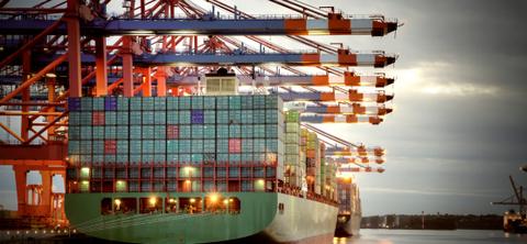 Photo of a green-hulled container ship berthed under a long row of red gantry cranes at dusk.