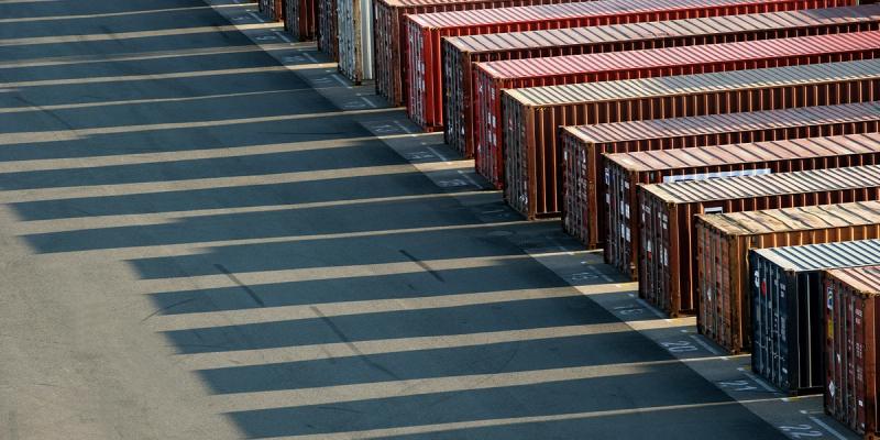 Rows of shipping containers lined up at a port yard, casting long shadows across the pavement.