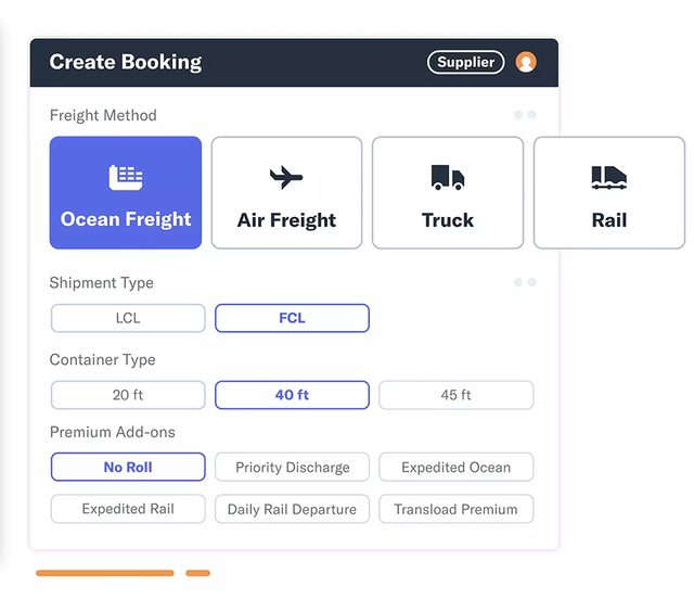 Flexport Create Booking UI with Ocean Freight, Air, Truck, Rail options and FCL container fields