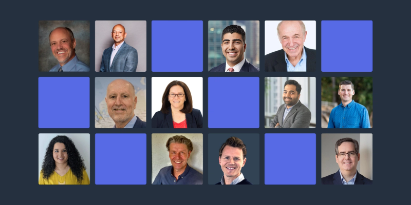 Grid of expert headshots alternating with solid blue squares on a dark background