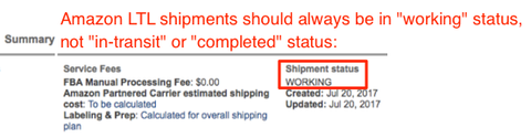 Amazon LTL shipment Summary panel noting status should stay WORKING, with the WORKING shipment status field outlined in red.