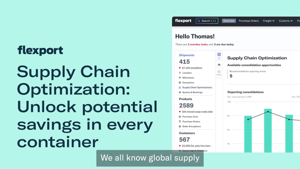 Cover card reading 'Supply Chain Optimization: Unlock potential savings in every container' beside the Flexport consolidation dashboard