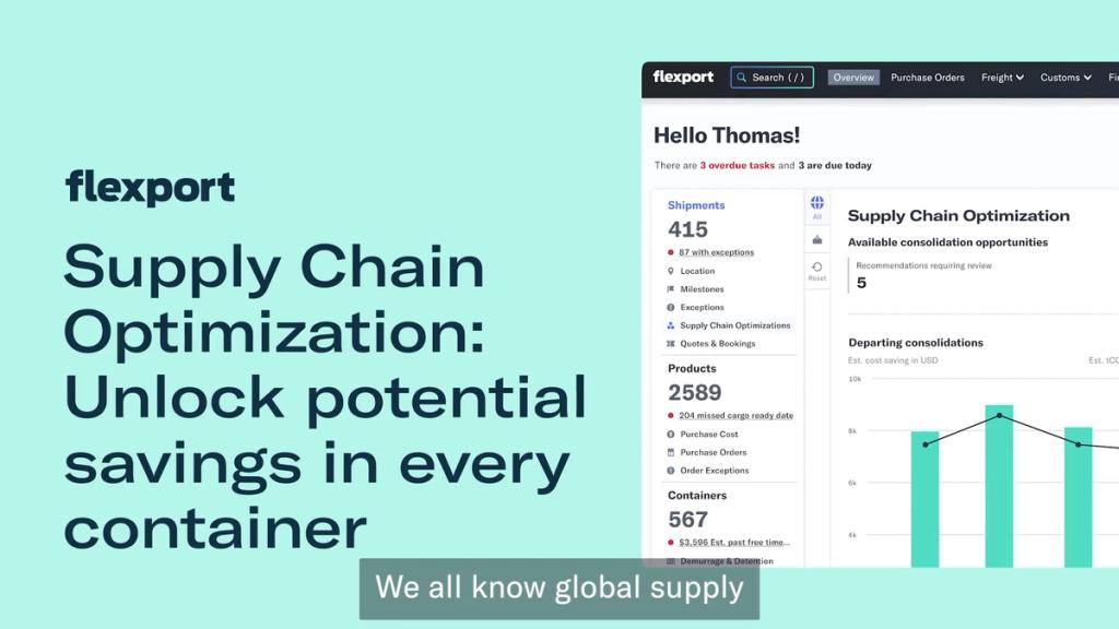 Cover card reading 'Supply Chain Optimization: Unlock potential savings in every container' beside the Flexport consolidation dashboard