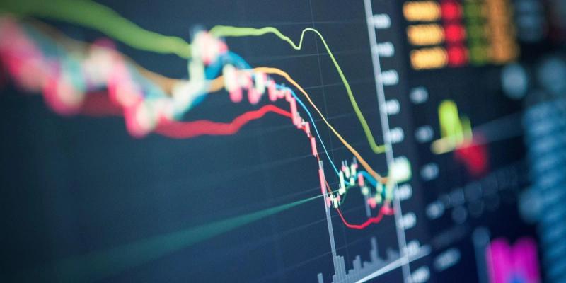 Close-up of a financial trading screen with colorful candlestick and line price charts