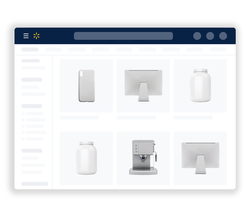 Walmart search results mockup showing a grid of product listings beside a filter sidebar