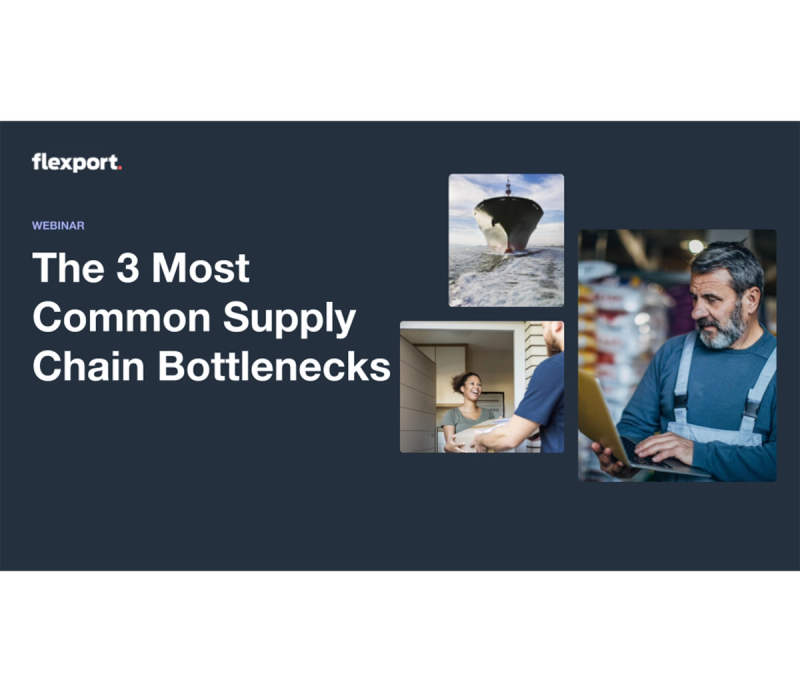 Webinar cover reading 'The 3 Most Common Supply Chain Bottlenecks' beside photos of a ship, a delivery and a worker