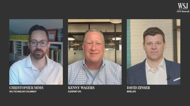 WSJ video still: three-person panel video interview with Christopher Mims, Kenny Wagers, and David Zinsner shown in separate webcam frames