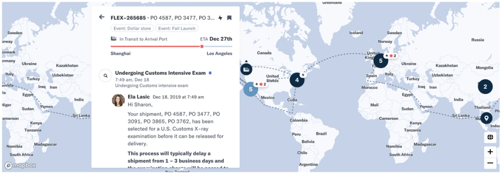 Flexport Platform world map tracking a shipment from Shanghai to Los Angeles with a customs exam alert popup