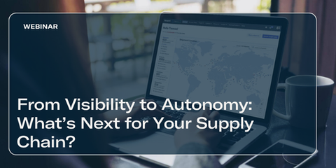 Laptop showing a supply chain dashboard with world map; title card 'From Visibility to Autonomy: What's Next for Your Supply Chain?'
