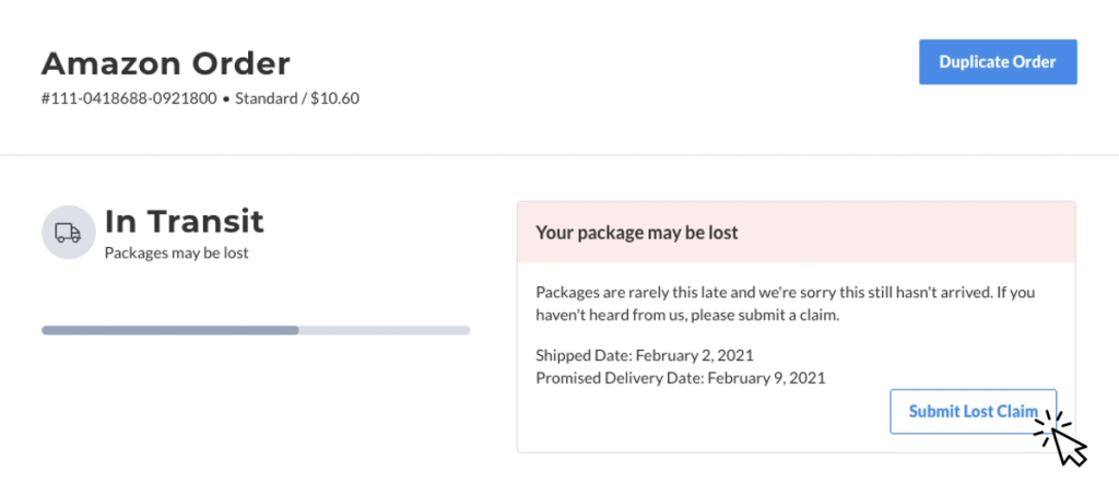 Order tracking UI for an Amazon order In Transit with a Submit Lost Claim button and lost-package notice