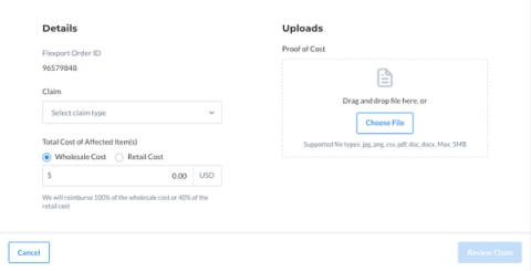 Order claim form showing claim type, wholesale or retail cost fields, and a proof-of-cost file upload box