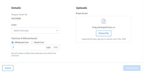 Order claim form showing claim type, wholesale or retail cost fields, and a proof-of-cost file upload box