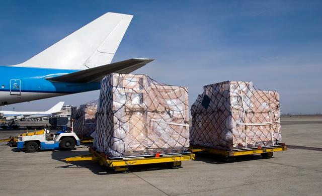Netted air cargo pallets on dollies beside a blue-tailed aircraft on an airport tarmac
