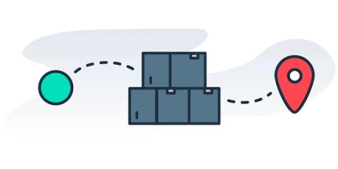 A stack of cargo boxes on a dashed route running from an origin point to a destination pin.