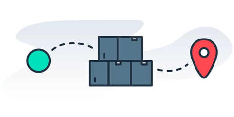 A stack of cargo boxes on a dashed route running from an origin point to a destination pin.