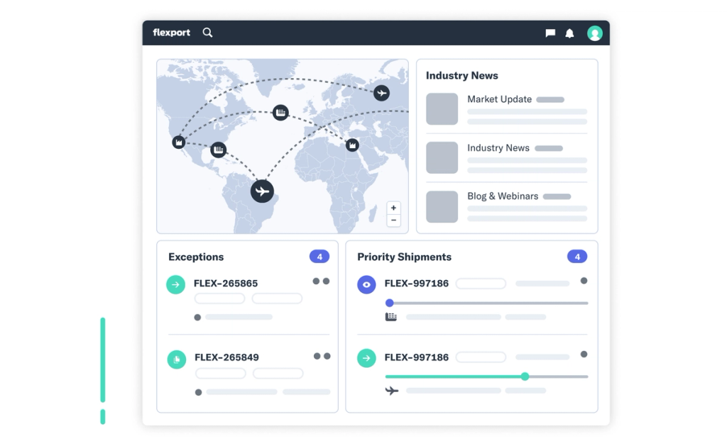 Illustration of the Flexport platform dashboard with a world map, industry news, exceptions, and priority shipments