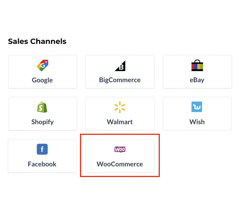 Sales channel picker with Google, Shopify, Facebook and WooCommerce tiles, WooCommerce highlighted